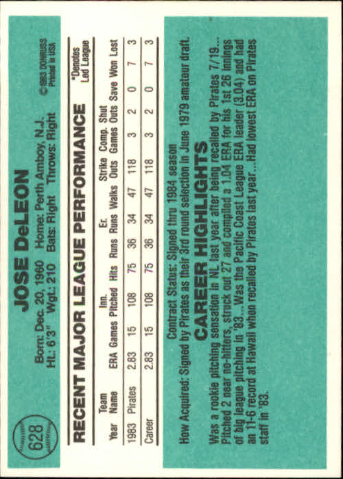 1984 Donruss #628 Jose DeLeon RC back image