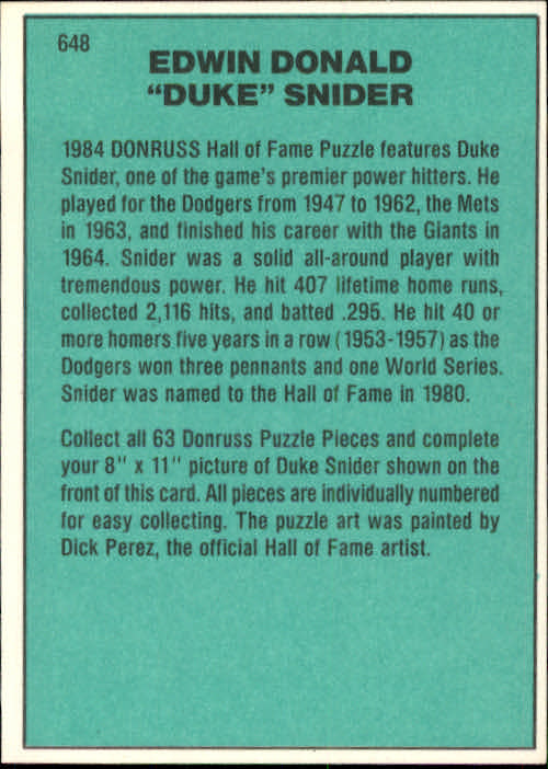1984 Donruss #648 Duke Snider/Puzzle Card back image