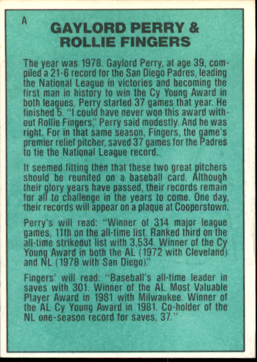 1984 Donruss #A Living Legends A/Gaylord Perry/Rollie Fingers back image