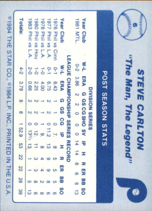 1984 Star Carlton #6 Steve Carlton/Post Season Stats back image