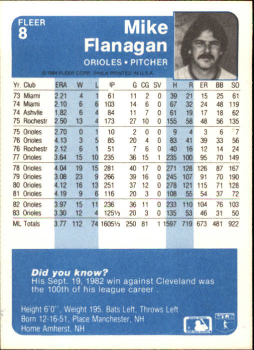 1984 Fleer #8 Mike Flanagan back image