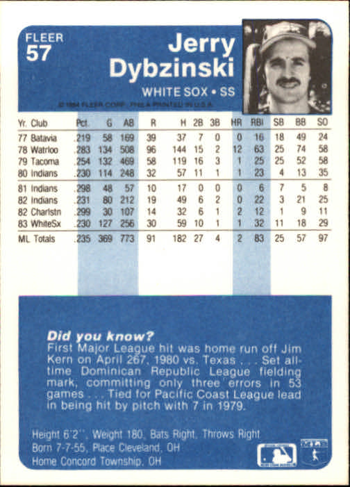 1984 Fleer #57 Jerry Dybzinski back image