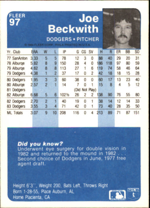 1984 Fleer #97 Joe Beckwith back image