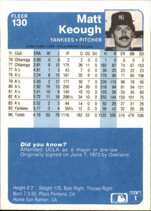1984 Fleer #130 Matt Keough back image