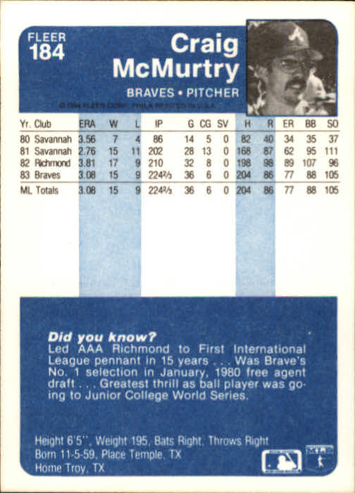 1984 Fleer #184 Craig McMurtry back image