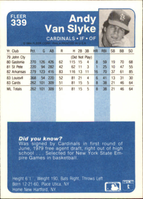 Andy Van Slyke autographed baseball card (St Louis Cardinals) 1984 Fleer  #339