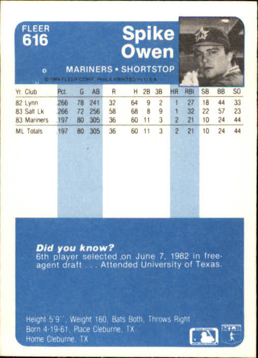 1984 Fleer #616 Spike Owen RC back image