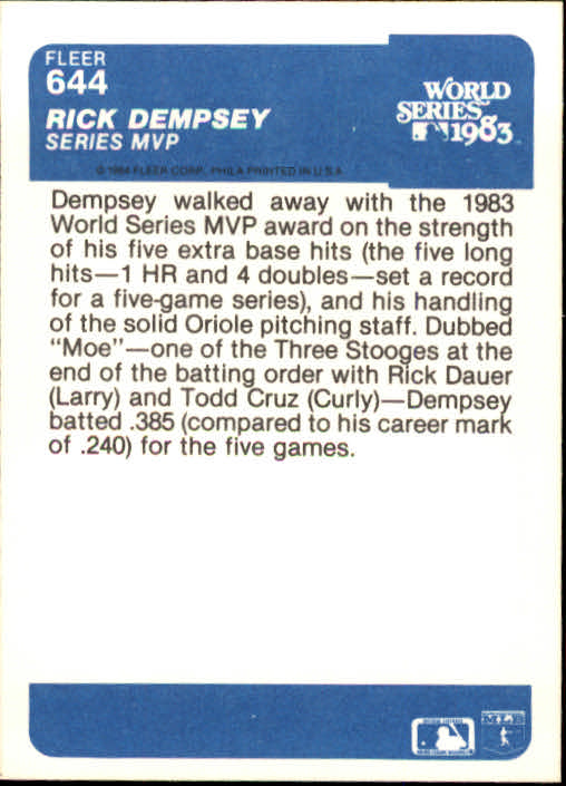 1984 Fleer #644 Rick Dempsey WS back image