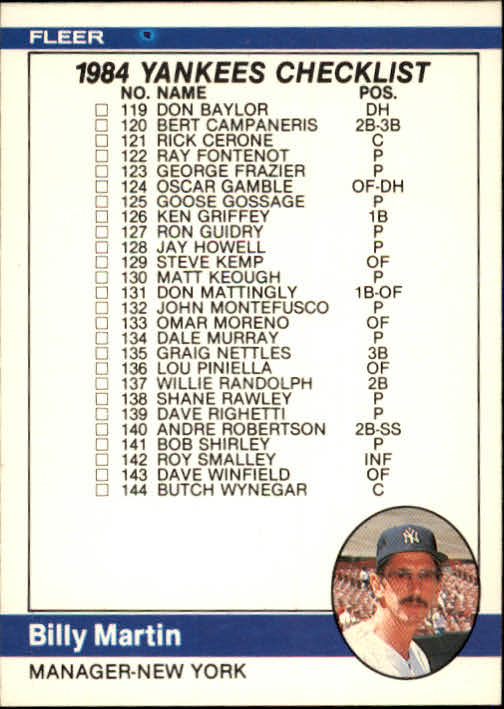 1984 Fleer #652 CL: Yankees/Reds/Billy Martin MG