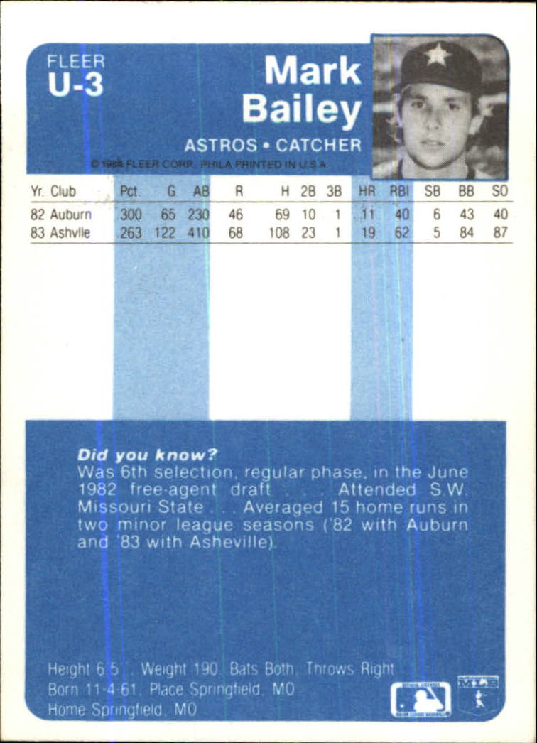 1984 Fleer Update #U3 Mark Bailey XRC back image
