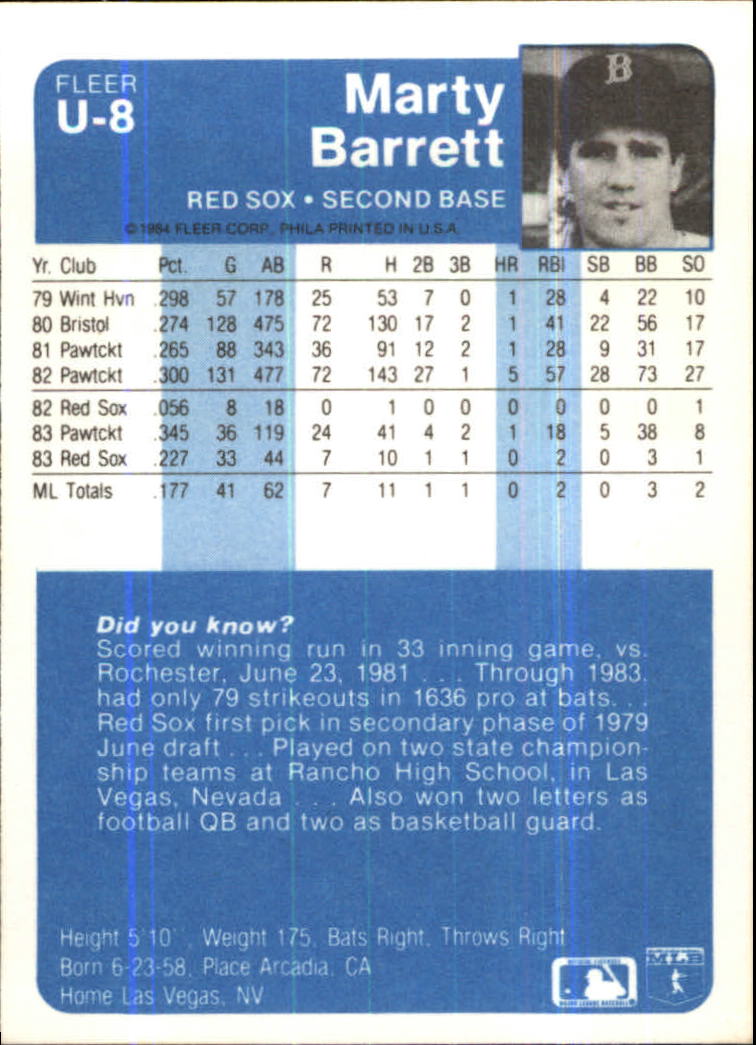 1984 Fleer Update #U8 Marty Barrett XRC back image