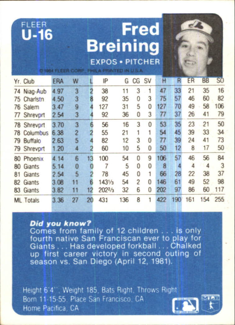 1984 Fleer Update #U16 Fred Breining back image