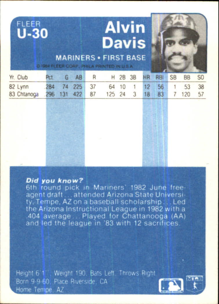 1984 Fleer Update #U30 Alvin Davis XRC back image