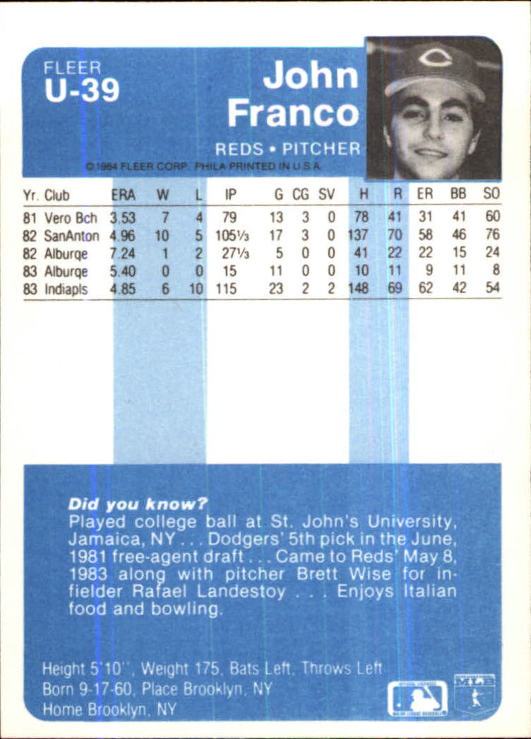 1984 Fleer Update #U39 John Franco XRC back image