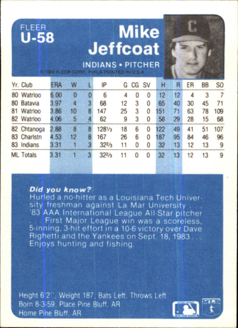 1984 Fleer Update #U58 Mike Jeffcoat XRC back image