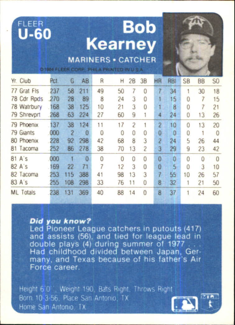 1984 Fleer Update #U60 Bob Kearney back image