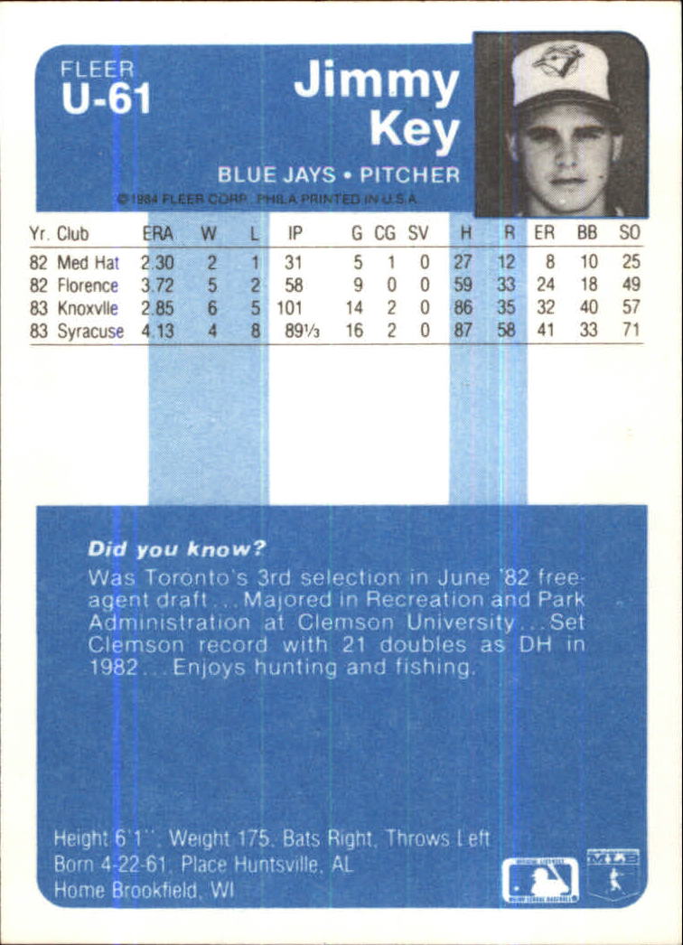 1984 Fleer Update #U61 Jimmy Key XRC back image