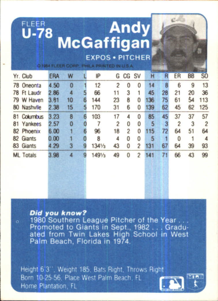 1984 Fleer Update #U78 Andy McGaffigan back image