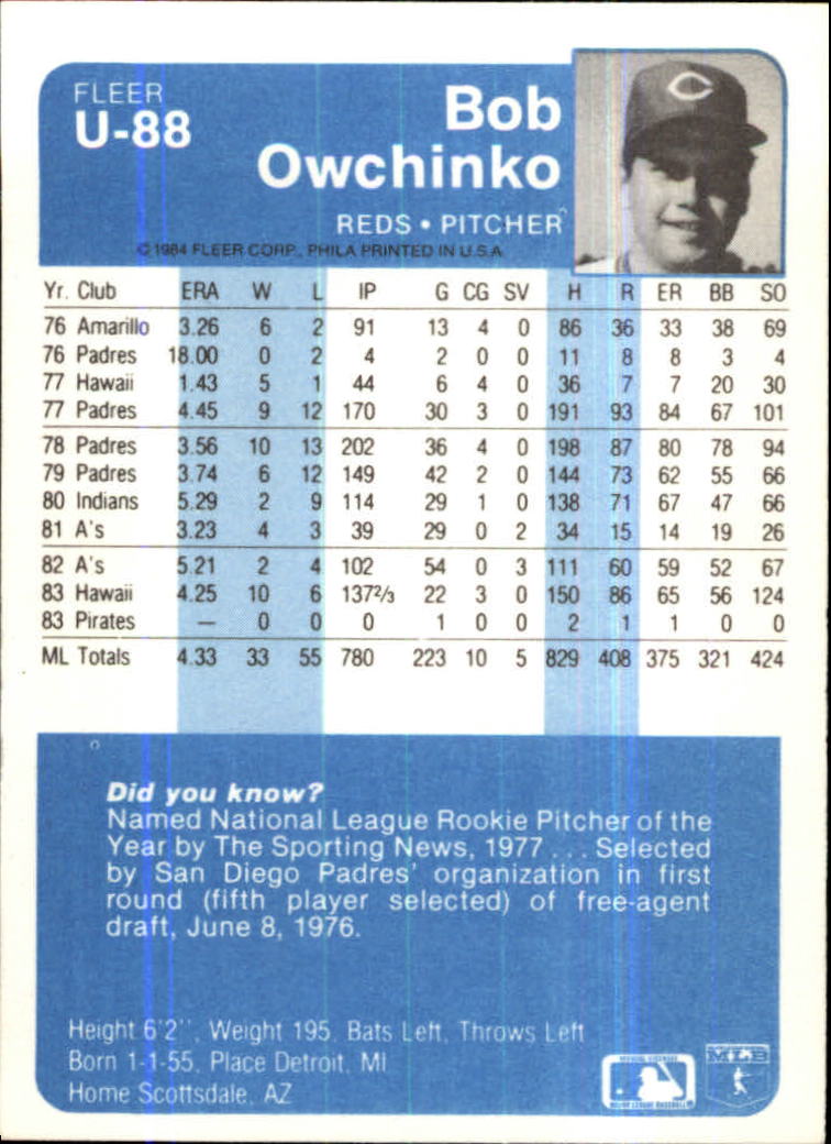 1984 Fleer Update #U88 Bob Owchinko back image