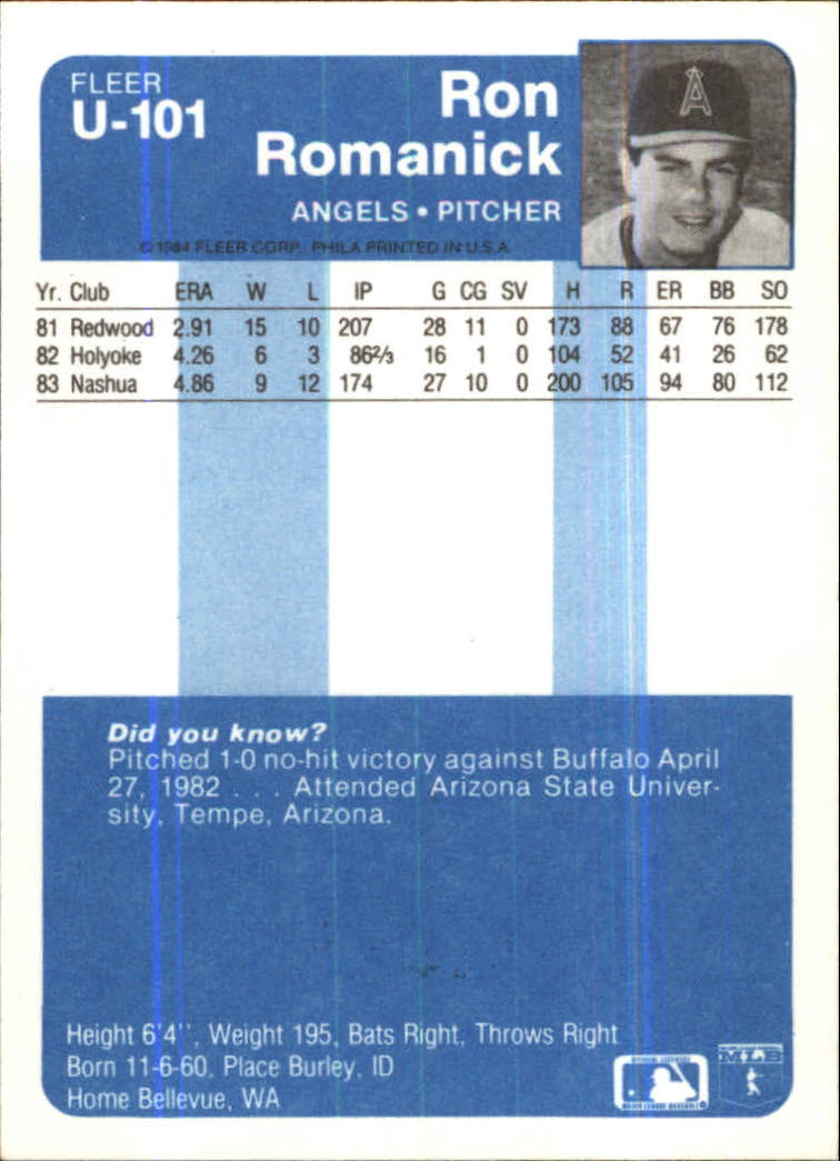 1984 Fleer Update #U101 Ron Romanick XRC back image