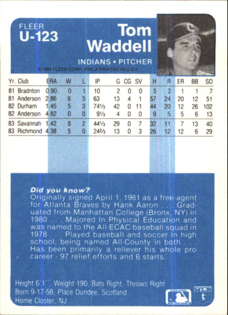 1984 Fleer Update #U123 Tom Waddell XRC back image