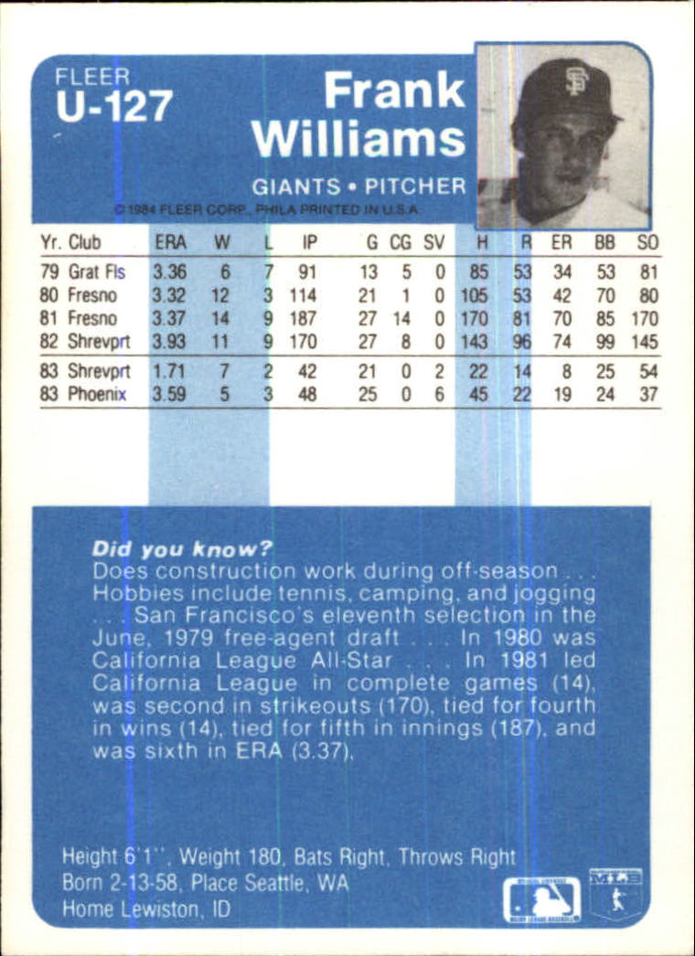 1984 Fleer Update #U127 Frank Williams XRC back image