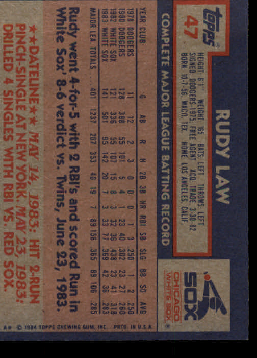 1984 Topps #47 Rudy Law back image
