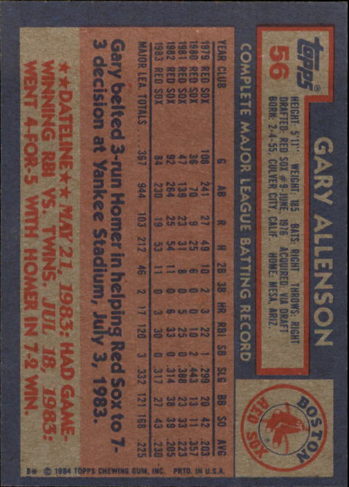 1984 Topps #56 Gary Allenson back image