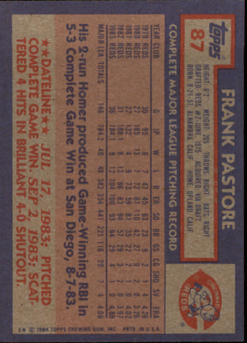 1984 Topps #87 Frank Pastore back image
