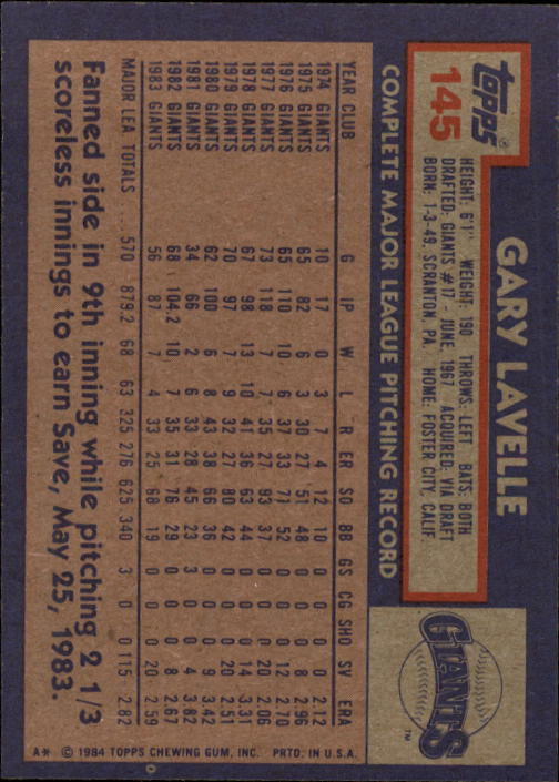 1984 Topps #145 Gary Lavelle back image