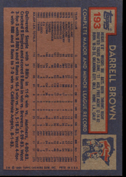 1984 Topps #193 Darrell Brown back image