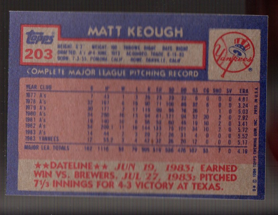 1984 Topps #203 Matt Keough back image