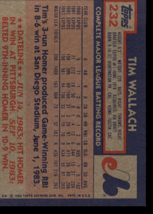 1984 Topps #232 Tim Wallach back image