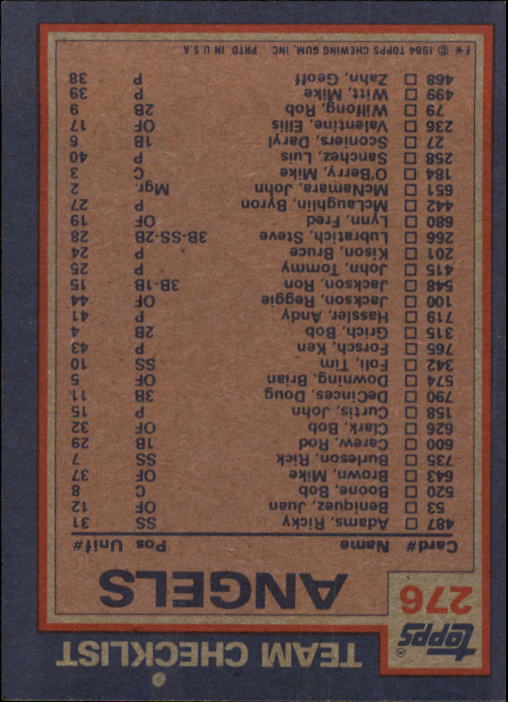 1984 Topps #276 Angels TL/Rod Carew back image