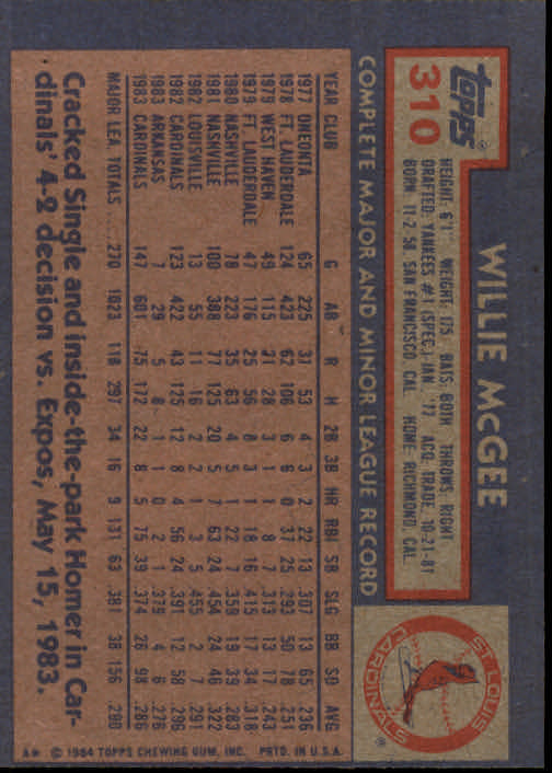 1984 Topps #310 Willie McGee back image