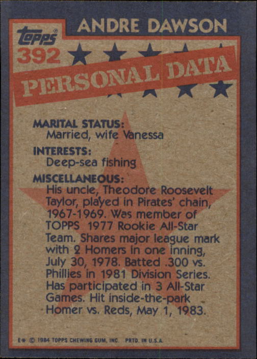 1984 Topps #392 Andre Dawson AS back image