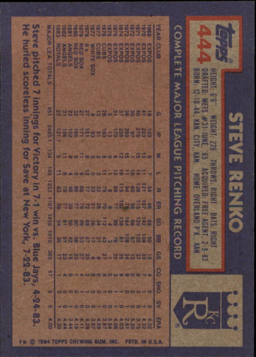 1984 Topps #444 Steve Renko back image
