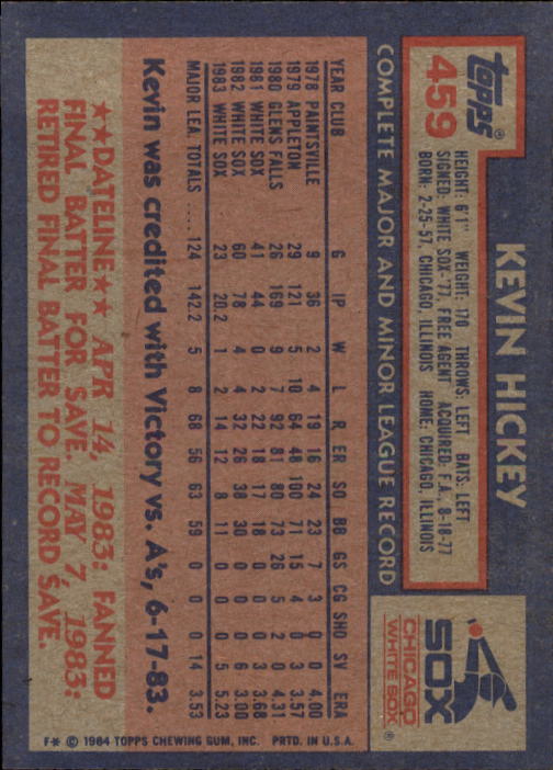1984 Topps #459 Kevin Hickey back image