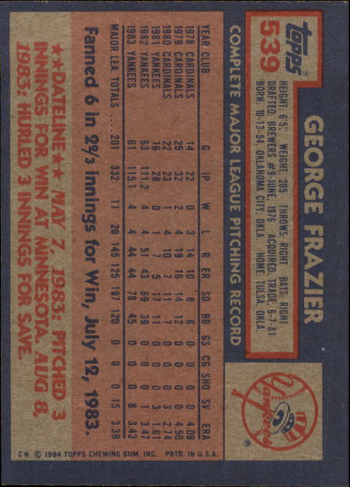 1984 Topps #539 George Frazier back image
