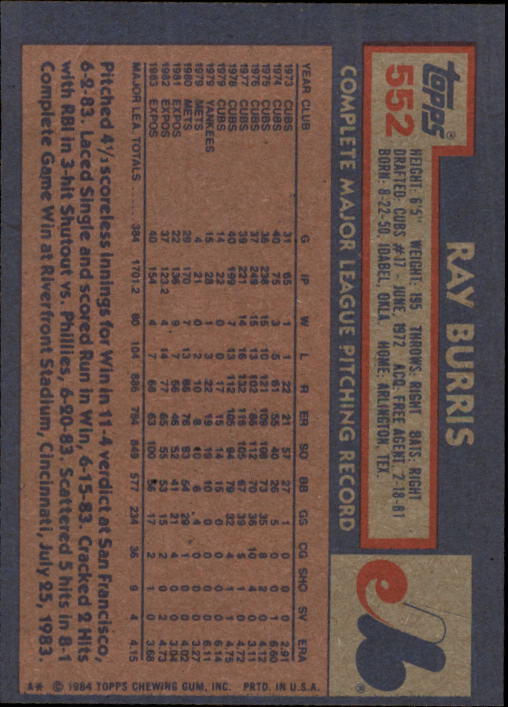 1984 Topps #552 Ray Burris back image