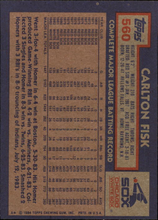 1984 Topps #560 Carlton Fisk back image