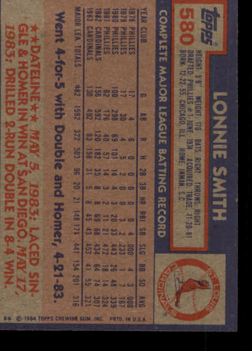 1984 Topps #580 Lonnie Smith back image