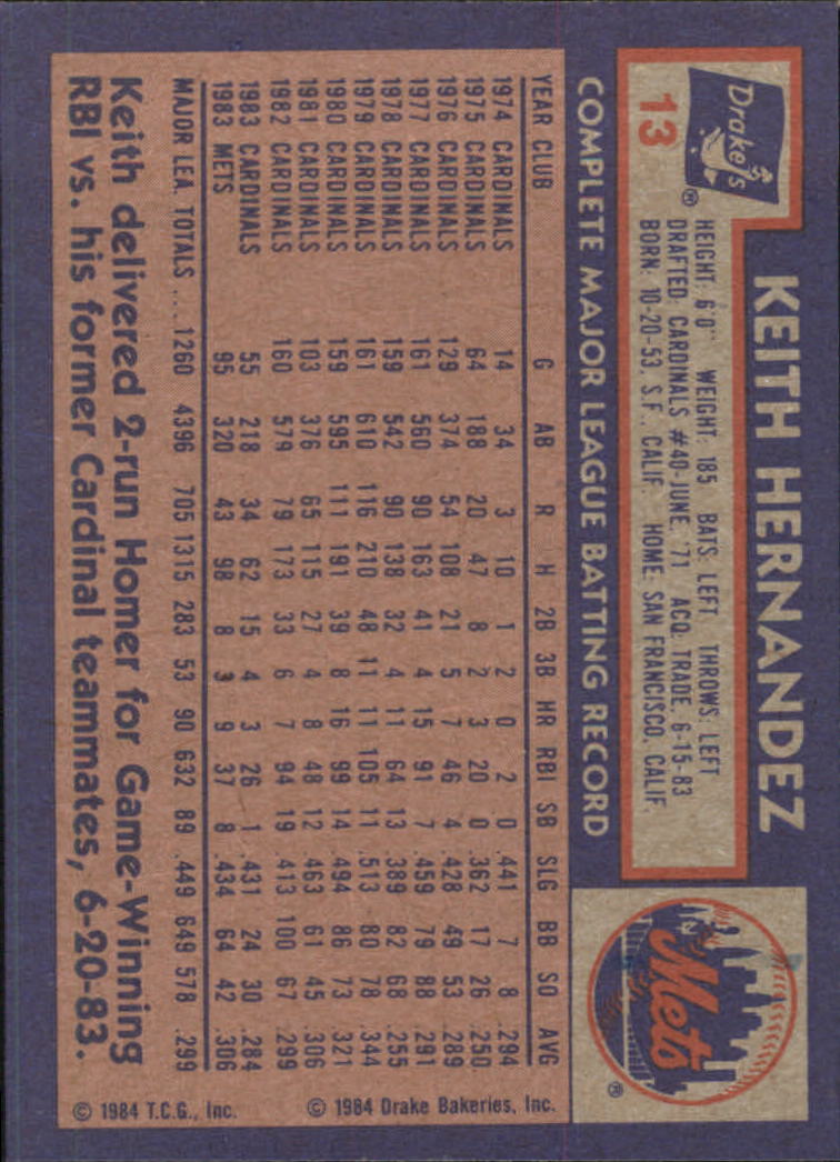 Keith Hernandez 1984 Drake's Big Hitters Series Card #13