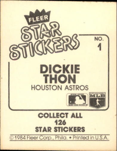 1984 Fleer Stickers #1 Dickie Thon back image