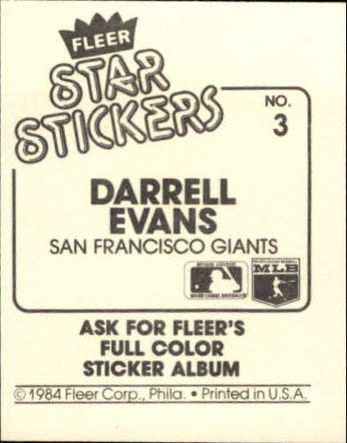 1984 Fleer Stickers #3 Darrell Evans back image