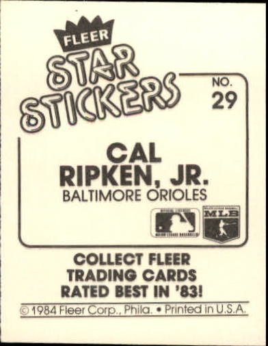 1984 Fleer Stickers #29 Cal Ripken back image