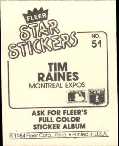 1984 Fleer Stickers #51 Tim Raines back image