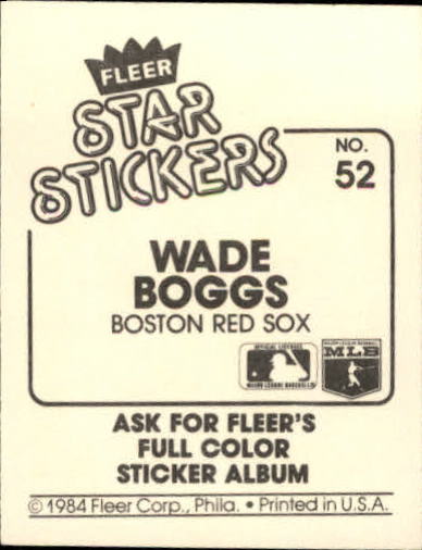 1984 Fleer Stickers #52 Wade Boggs back image