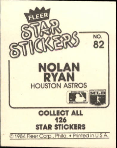 1984 Fleer Stickers #82 Nolan Ryan back image
