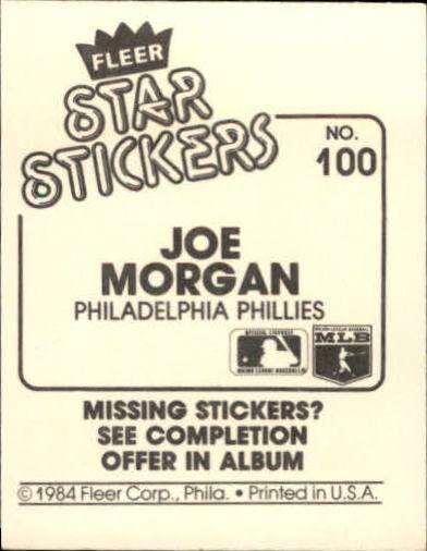 1984 Fleer Stickers #100 Joe Morgan back image